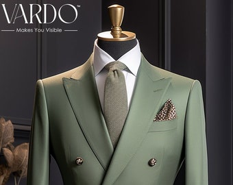 Men’s Sage Green Double-Breasted Suit – Modern Tailored Fit
