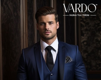 Elegant Dark Blue Three-Piece Suit for Men-Tailored Fit, The Rising Sun store, Vardo