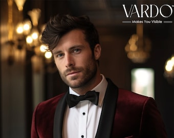 May include: A man wearing a burgundy velvet tuxedo jacket with a black satin lapel and a black bow tie. The jacket has a single button closure and a pocket on the left side.