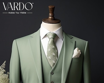 Traje de tres piezas ajustado para hombre en color verde salvia – Atuendo formal para bodas