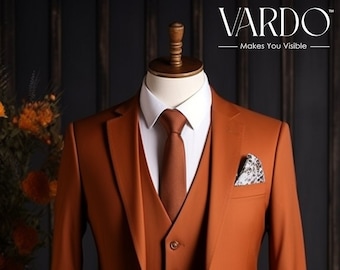 Elegant Rust Color Three Piece Suit for Men -Formal Wedding Attire- Tailored Fit, The Rising Sun store, Vardo