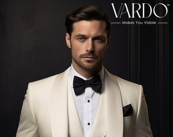 Elegant Ivory Tuxedo Suit for Men - Classic Wedding Suit-Tailored Suit-The Rising Sun store, Vardo