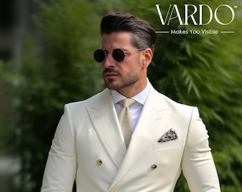 Men’s Ivory Double-Breasted Suit for Weddings & Formal Events