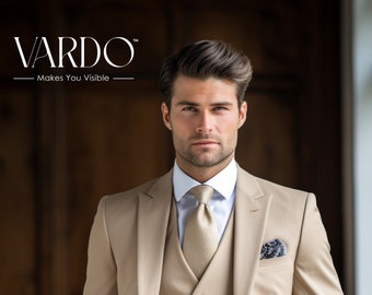 Men's Beige Three-Piece Suit - Classic Tailored Fit - Essential Business and Formal Attire, The Rising Sun store, Vardo