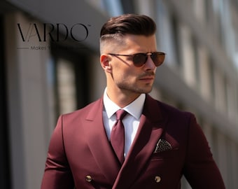 Men's Luxe Burgundy Double-Breasted Suit - Dapper Gentlemen's Choice - Classic Office & Event Attire, The Rising Sun Store, Vardo