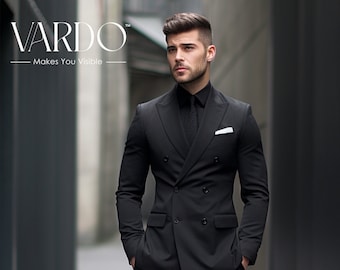 Men's Black Double-Breasted Suit - Sophisticated Tailored Fit - Modern Gentleman's Essential, The Rising Sun Store, Vardo