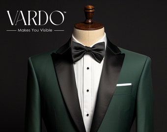 Men&#39;s Dark Green Tuxedo Suit - 2-Piece Elegance with Black Satin Lapels - Striking Evening Attire, The Rising Sun Store, Vardo