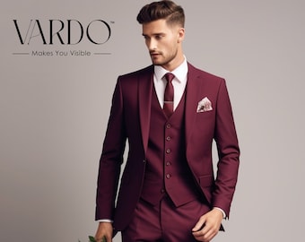 Men’s Burgundy 3 Piece Suit – Slim Fit Wedding and Formal Wear