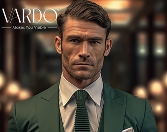 May include: A man wearing a dark green three-piece suit with a dark green patterned tie. The suit has a gold chain attached to the pocket. The text "VARDO - Makes You Visible" is at the top of the image.