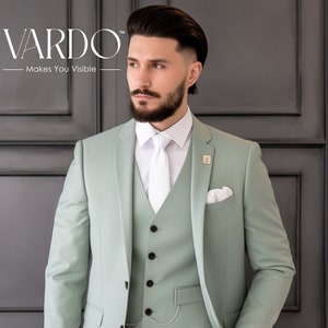Men's Sage Green Slim Fit Three-Piece Suit - Wedding, Prom, Business,  The Rising sun store, Vardo