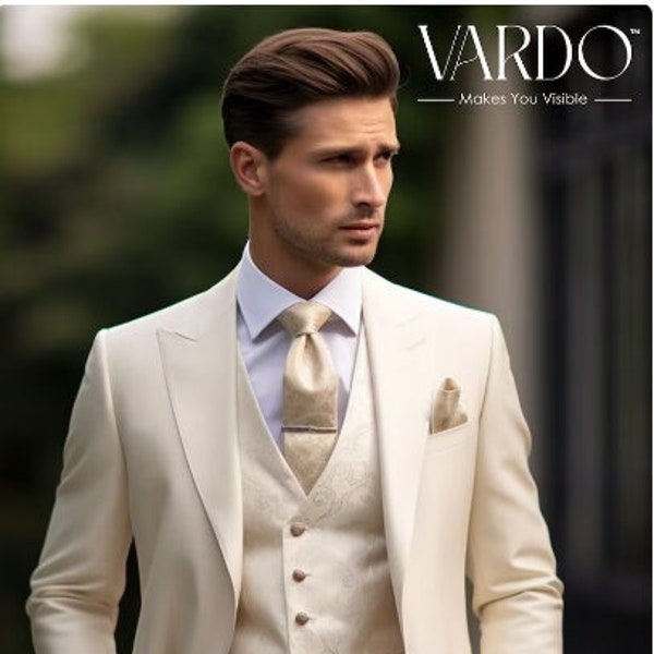Classic Elegance: Men's Cream Tuxedo Suit - Tailored Suit-The Rising Sun store, Vardo