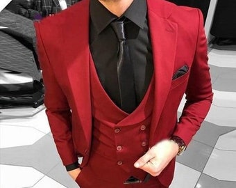 Burgundy Red Three Piece Wedding Suit for Men Stylish Groom Reception Attire