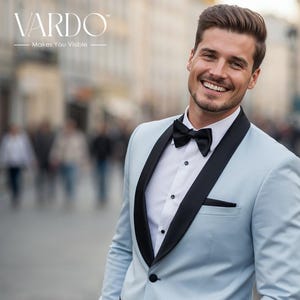 Men’s Sky Blue Tuxedo Suit with Black Lapel – Elegant Formal Evening Wear