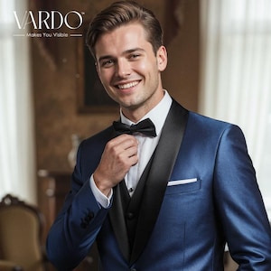 Men’s Royal Blue 3-Piece Tuxedo Suit with Black Satin Lapel – Formal Wedding Wear image 1