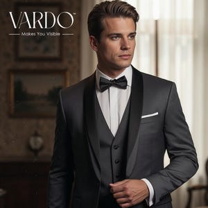 Dunkelgrauer 3-teiliger Anzug für Herren mit schwarzem Schalkragen – Formelle Hochzeitskleidung