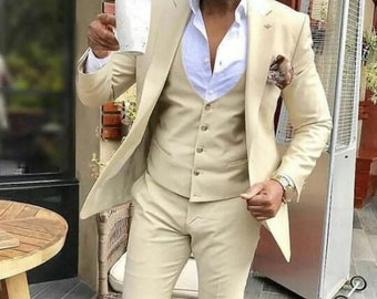 Men’s Beige 3-Piece Wedding Suit for Formal Events