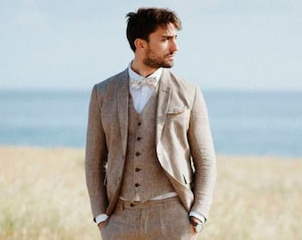 Abito da uomo in lino beige a 3 pezzi per matrimoni ed eventi estivi