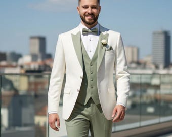 Ivory & Sage Green 3-Piece Tuxedo Suit, Elegant Groom Wedding Outfit for Modern Ceremonies