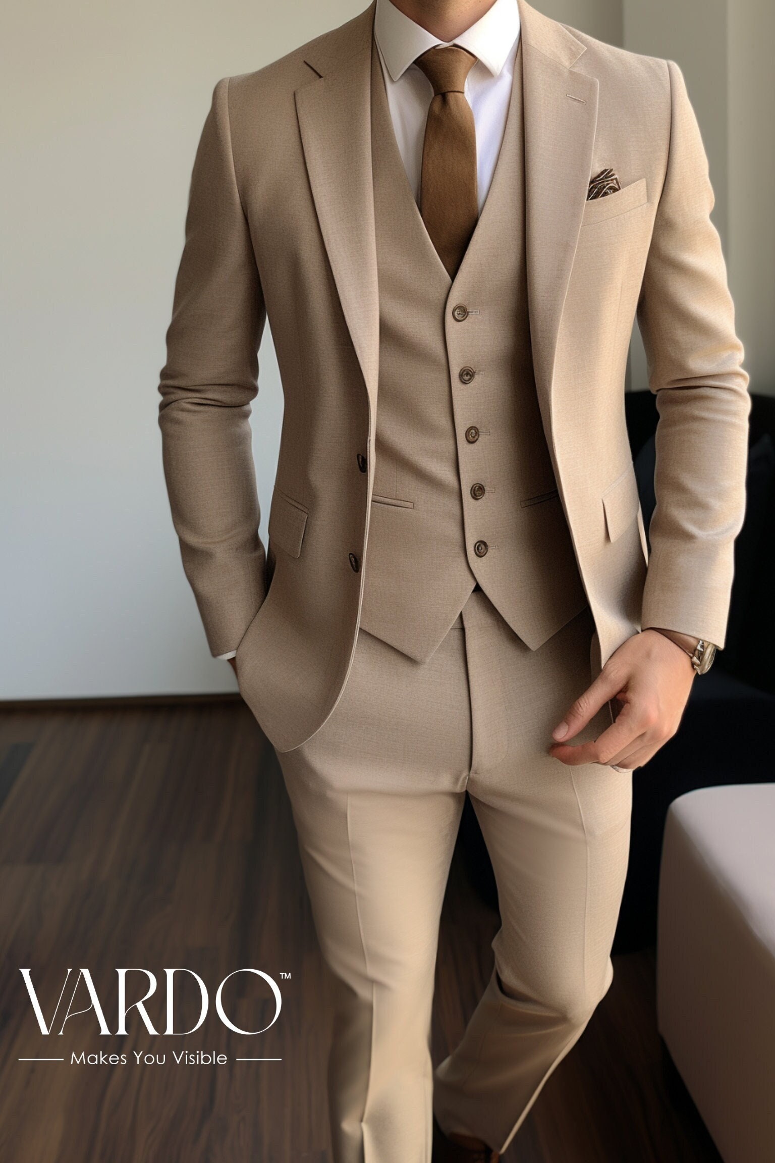 Men Suits Brown 3 Piece Slim Fit Two Button Wedding Groom Party Wear Coat  Pant, Camel Brown Pinstripe Suit for Men, Slim Fit Italian Suit 