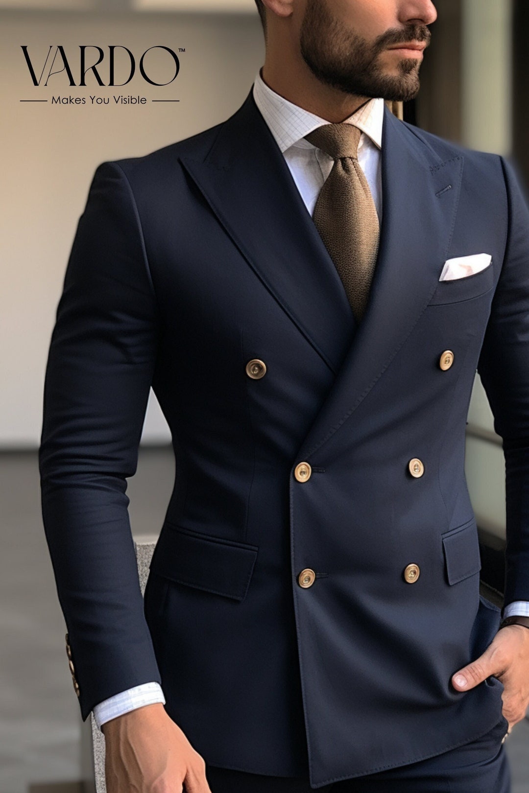 Classic Navy Blue Double-breasted Suit for Men Timeless Formal Attire ...