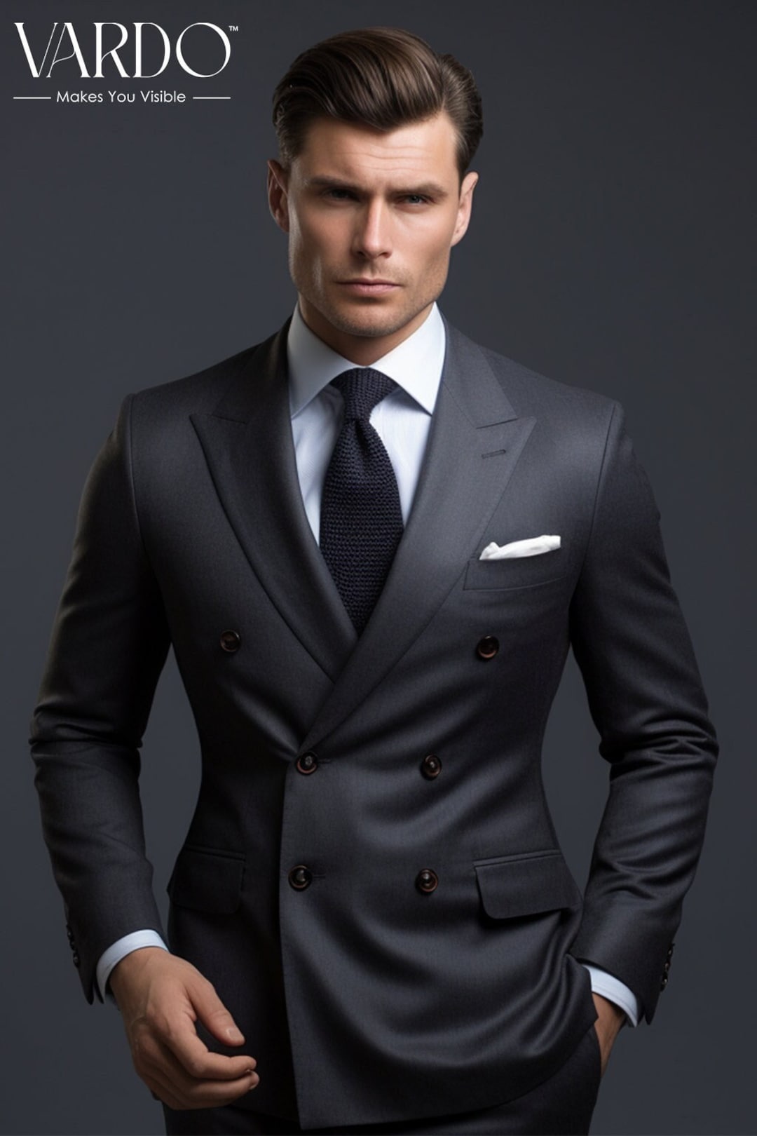 Men's Double Breasted Suits Grey Flannel Classic Fit Sharp Unique Style Suit main image 1