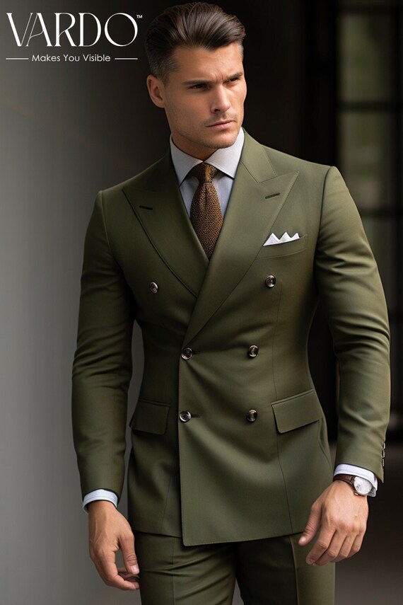 Classic Formal Attire Khaki Green Double Breasted Suit Flawless 