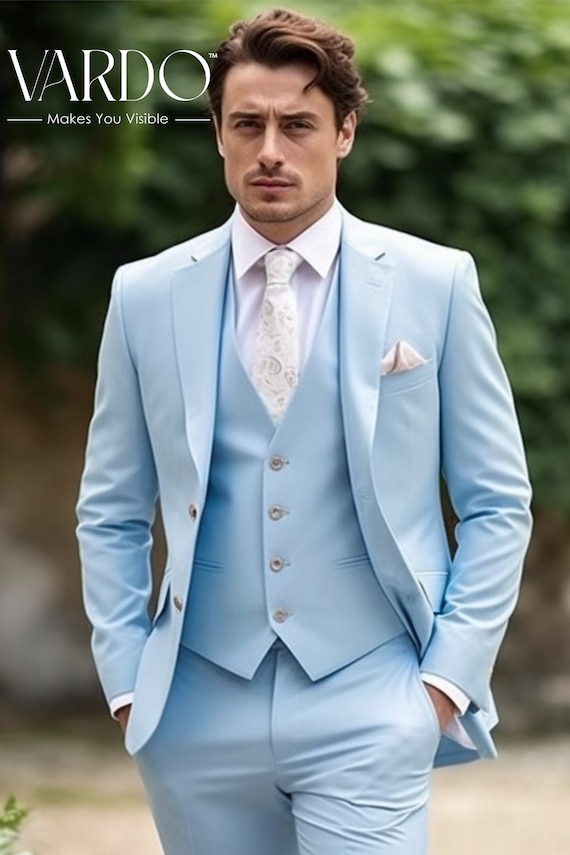 Men's Distinctive Sky Blue Peak Lapel 3-piece Suit Stylish Slim Fit  Business Attire Modern Professional, the Rising Sun Store, Vardo -   Canada