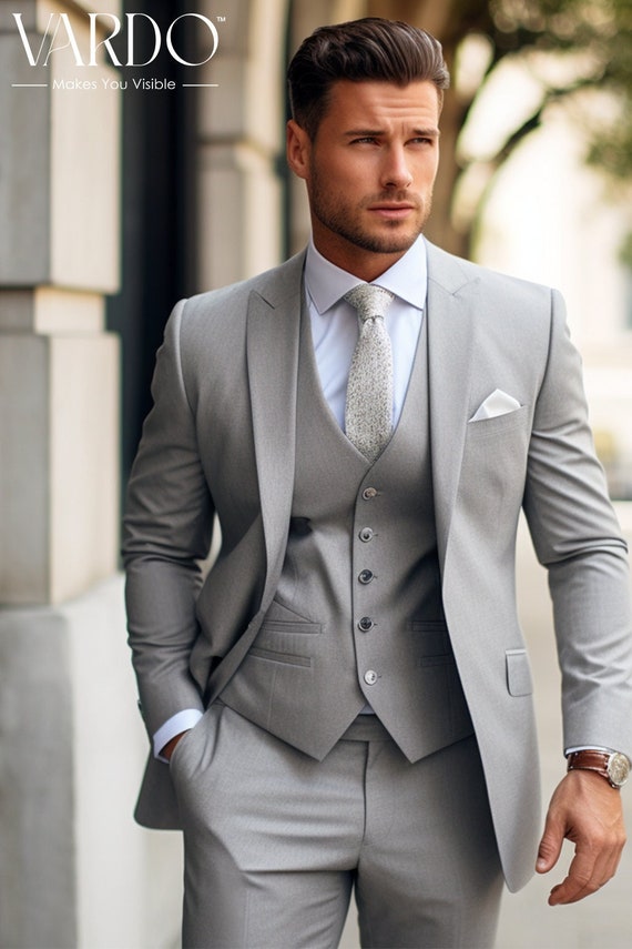 Light Grey Three Piece Suit for Men Formal Wedding, Business, or
