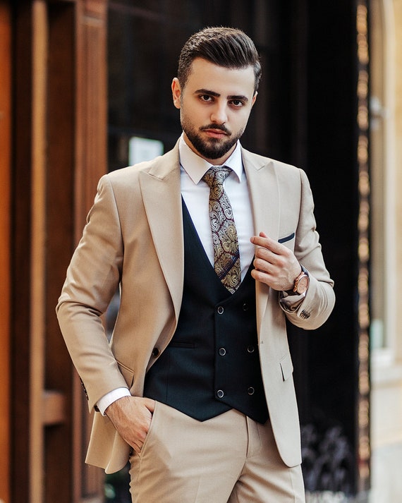 Mens Beige 2 Piece Suit One Button Elegant Evening Party Wear Dinner Coat  Pants