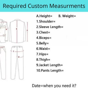 May include: Diagram showing measurements needed for custom clothing.  Measurements include height, weight, shoulder, sleeve length, chest, biceps, belly, waist, hips, thigh, jacket length, and pants length.  Date=when you need it?