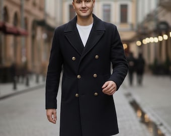 HUGO BOSS Vintage Wool Coat, Mens Double Breasted Overcoat, Navy