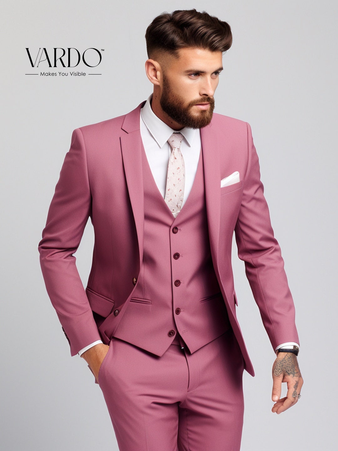 Buy Dusty Rose Notch Lapel Three-piece Suit, Men's Wedding Suit, Formal ...