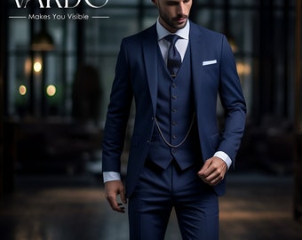 Traje azul marino de tres piezas para hombre - Slim Fit, Boda, Formal - The Rising Sun Store