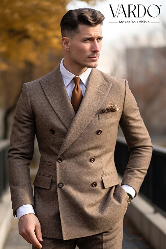 Classic Elegance: Men's Light Brown Tweed Double Breasted Suit