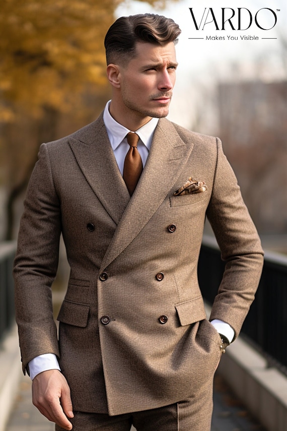 Classic Elegance: Men's Light Brown Tweed Double Breasted Suit