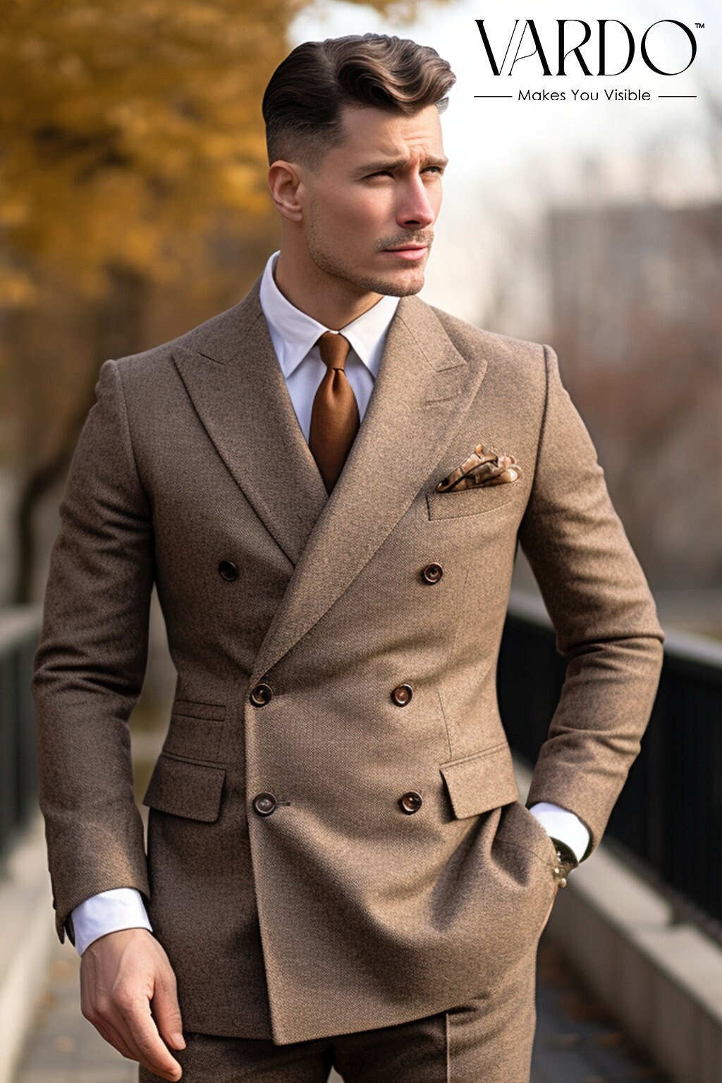 Buy Classic Elegance Men s Light Brown Tweed Double Breasted Suit