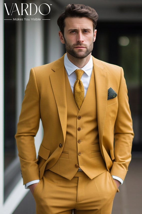 Royal Blue Men Suits Yellow Vest Wedding Formal Tuxedos Peak Lapel Jacket  Custom | eBay