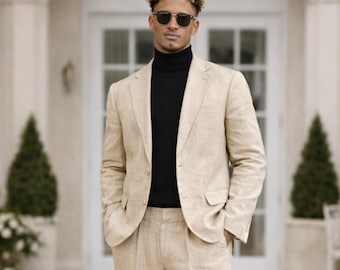 Beige Leinen-Blazer und Hose mit weitem Bein Set für Männer - Sommeranzug