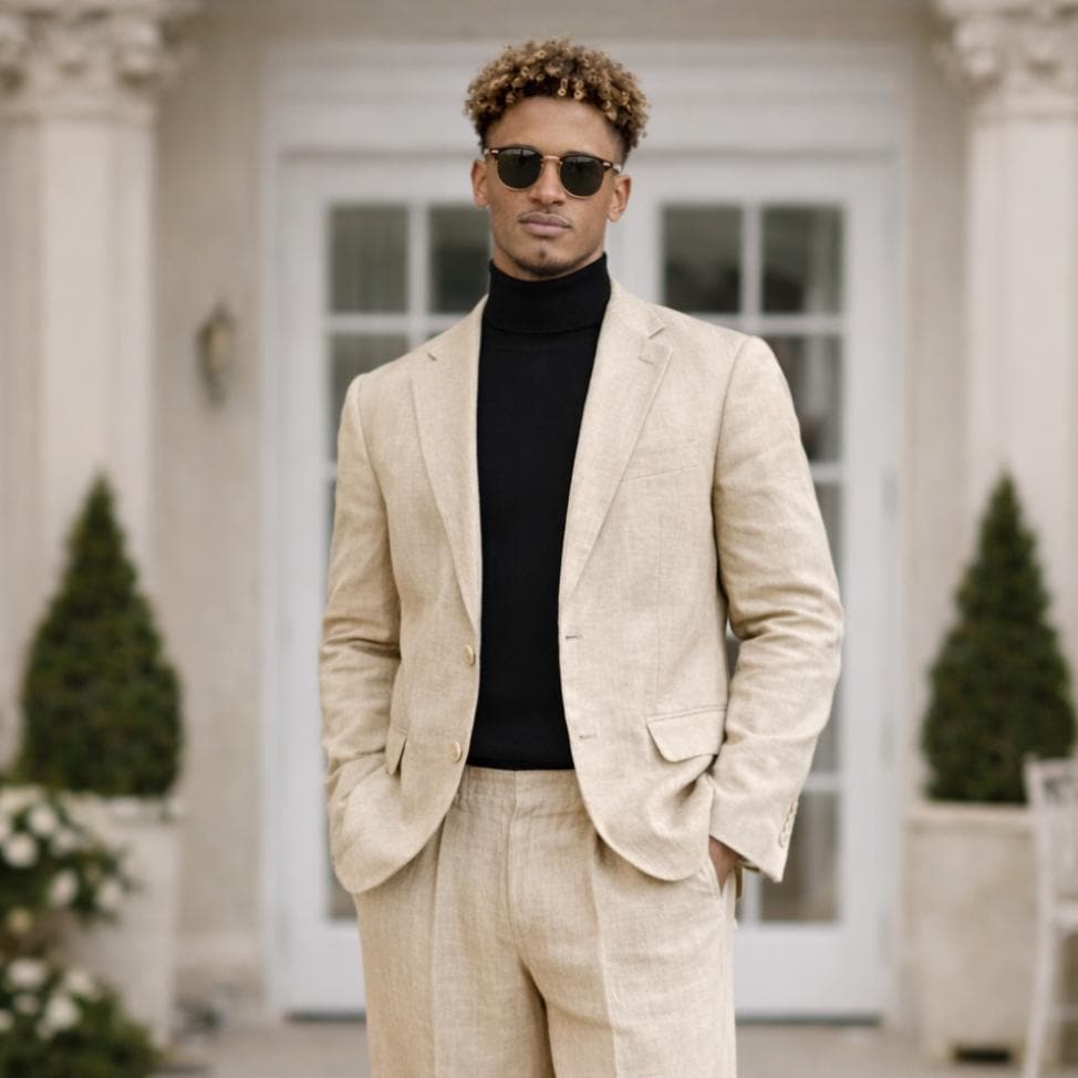 Beige Linen Blazer and Wide Leg Pant Set for Men – Relaxed Fit