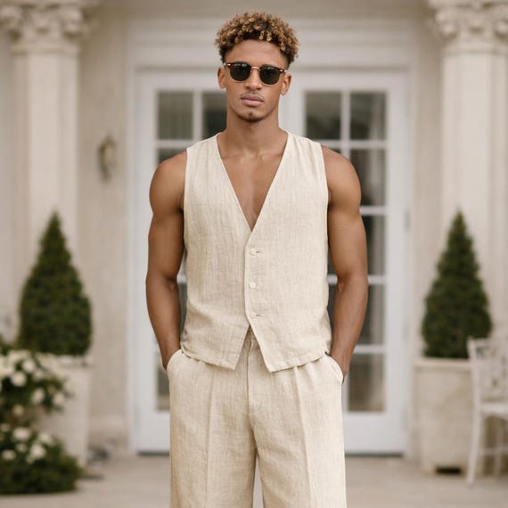 HOWIE linen vest (beige) 未使用 Natural Linen Vest and Wide Leg Pant Set for Men – Sleeveless