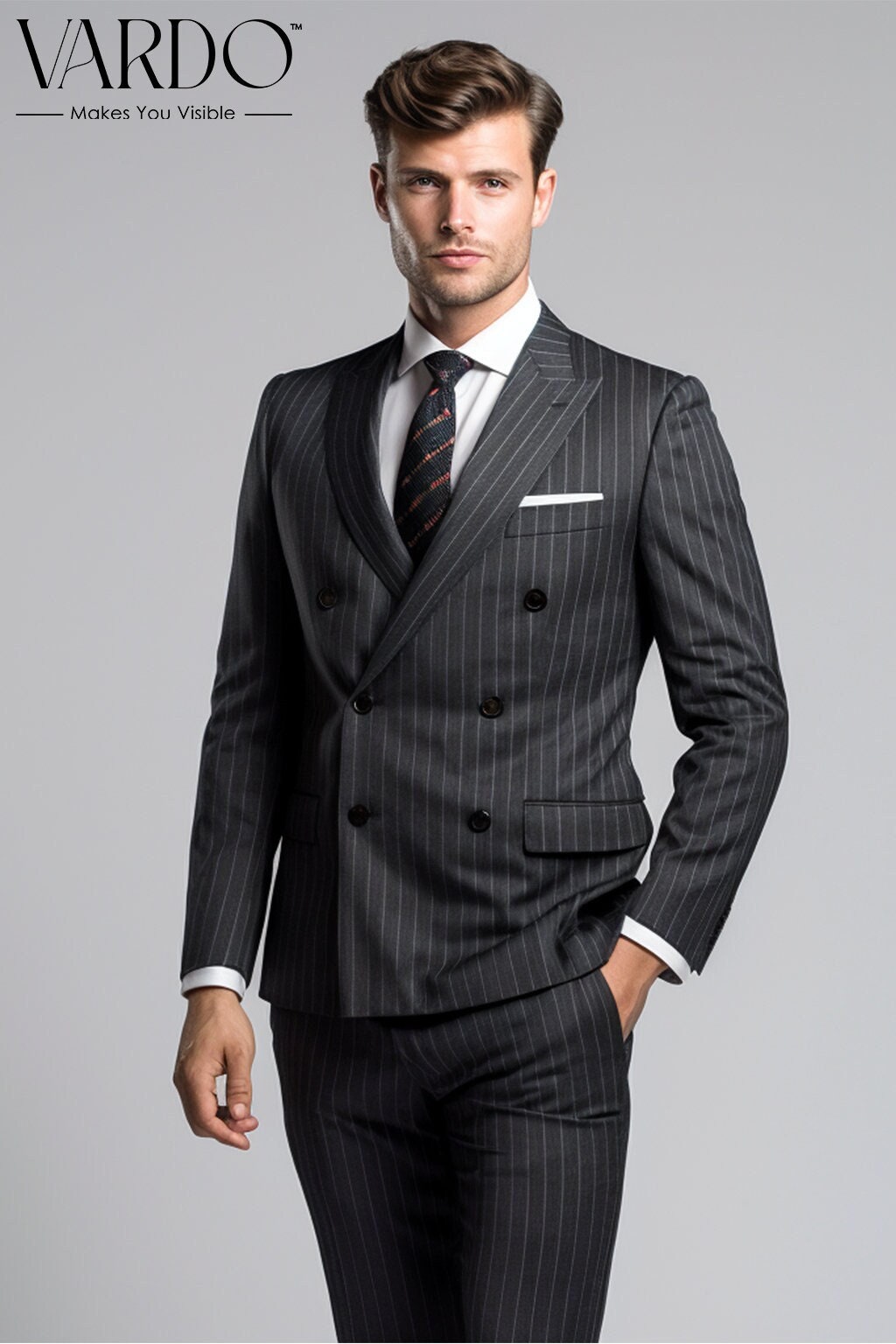 Colchester TAILORED SLIM Fit ALL BLACK Pinstripe Double BREASTED Men's SUIT