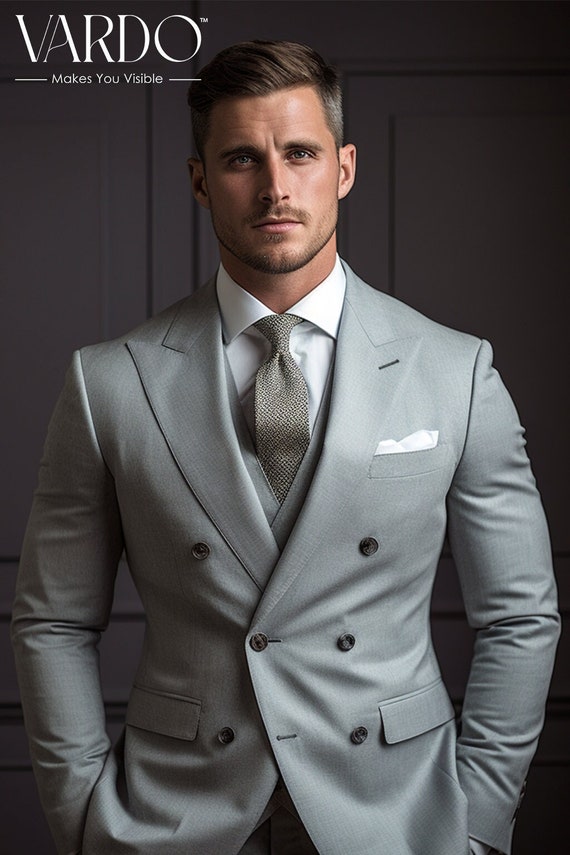 Classic Elegance: Light Grey Three Piece Double Breasted Suit for