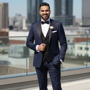 Navy Blue Tuxedo Suit, Black Lapel Vest, Slim Fit Groom Wedding