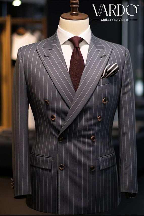 Men's Dark Grey Stripe Double-breasted Suit – Modern Executive Fit