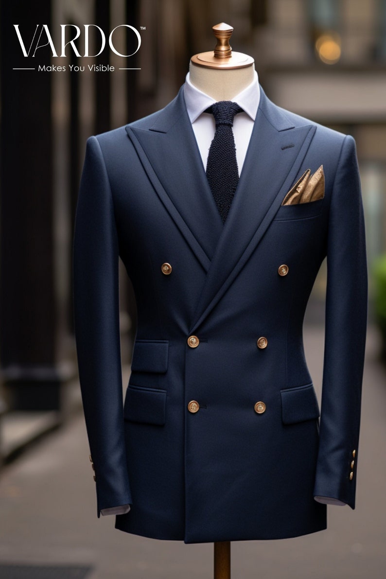 Men's Navy Blue Double-Breasted Suit Modern Fit Elegance Essential Business and Event Attire, The Rising sun Store, Vardo zdjęcie 1