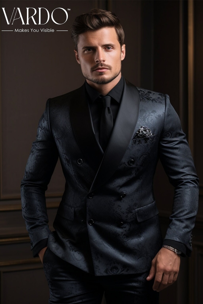 Dark Blue Emboss Print Double Breasted Suit Tailored Fit, The Rising Sun store, Vardo image 1