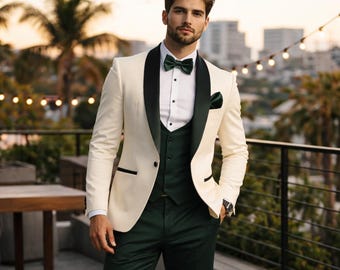 Ivory Tuxedo – Emerald Green Vest & Trousers, Black Shawl Lapel