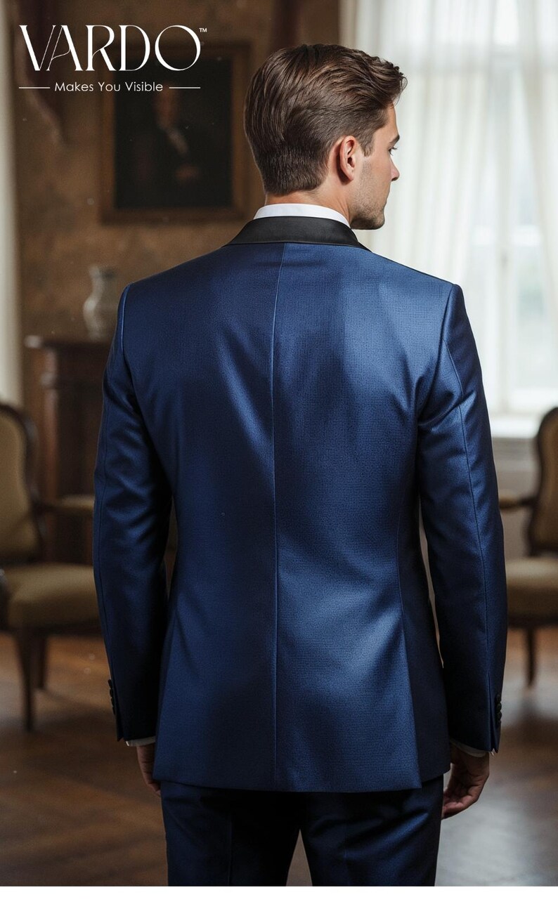 Men’s Royal Blue 3-Piece Tuxedo Suit with Black Satin Lapel – Formal Wedding Wear image 2