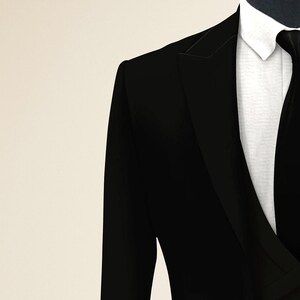 May include: A black double-breasted suit jacket with a white dress shirt and a black tie.
