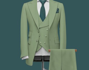 値下げしました！オリーブグリーン スリーピーススーツ(中国縫製) グリーンを基調としたスーツに花柄の裏地でアクセント-札幌駅前